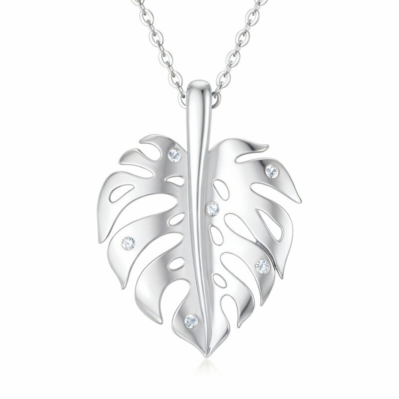 Colar com pendente de folhas em ouro branco 10K e zircónias cúbicas-14