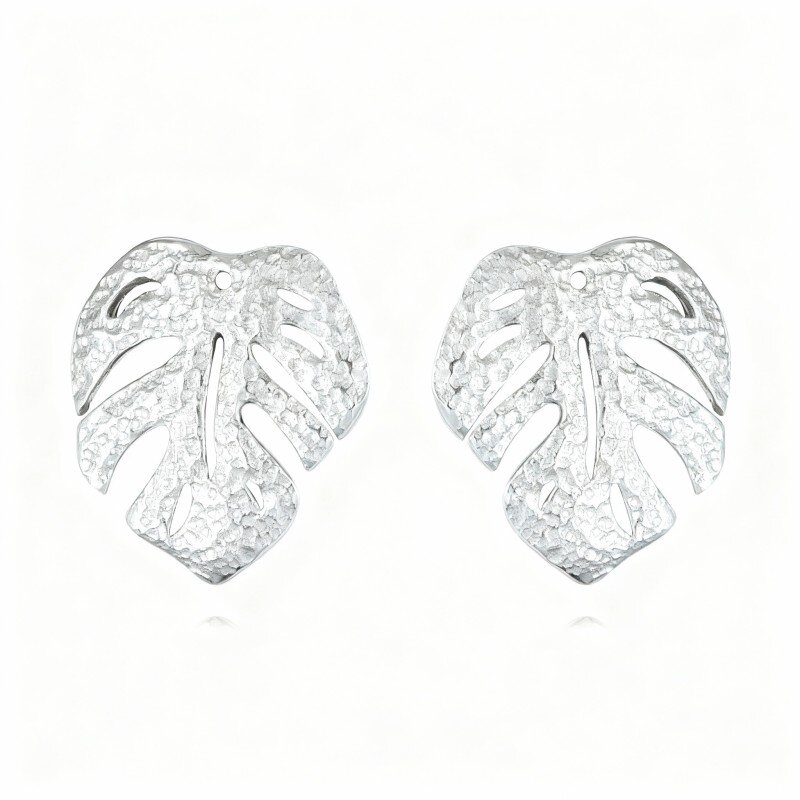 10K White Gold Leaves Stud Earrings-3
