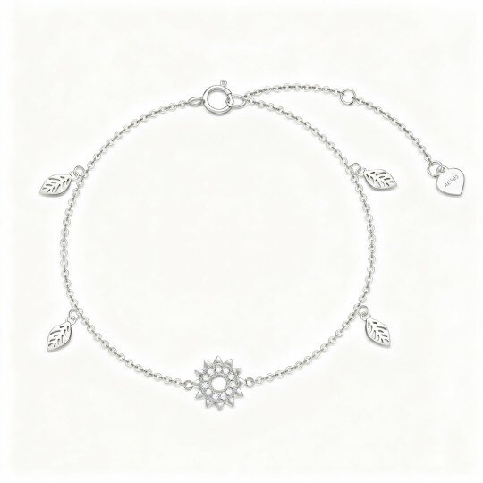 Pulseira com pendente de folhas e girassol em ouro branco 10K e zircónias cúbicas