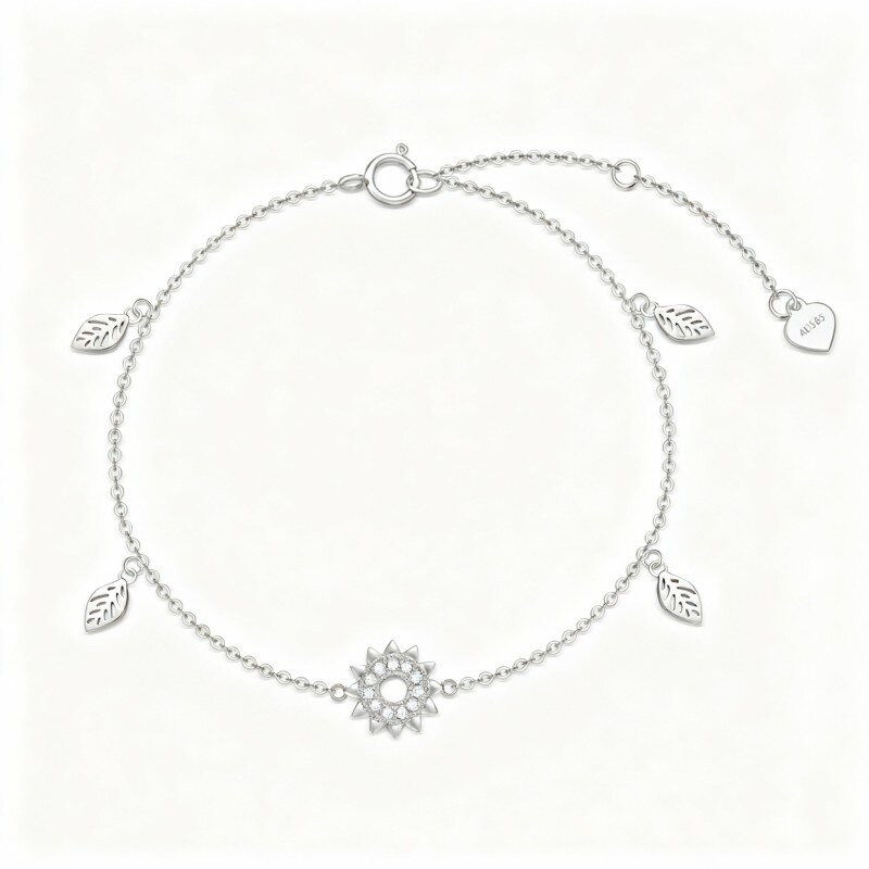 Pulseira com pendente de folhas e girassol em ouro branco 10K e zircónias cúbicas-5
