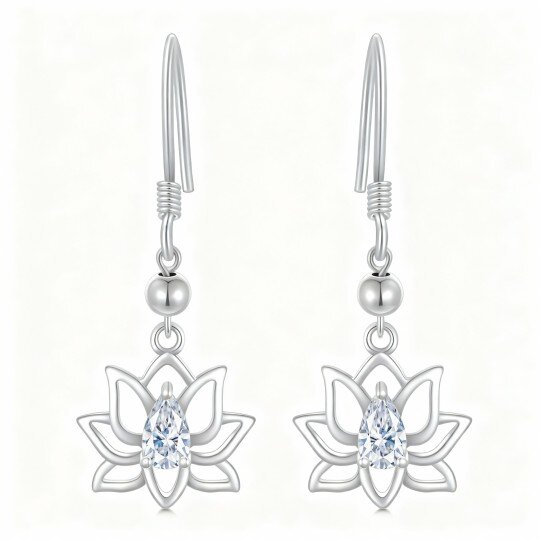 Pendientes colgantes de loto con circonitas cúbicas en oro blanco de 10 quilates