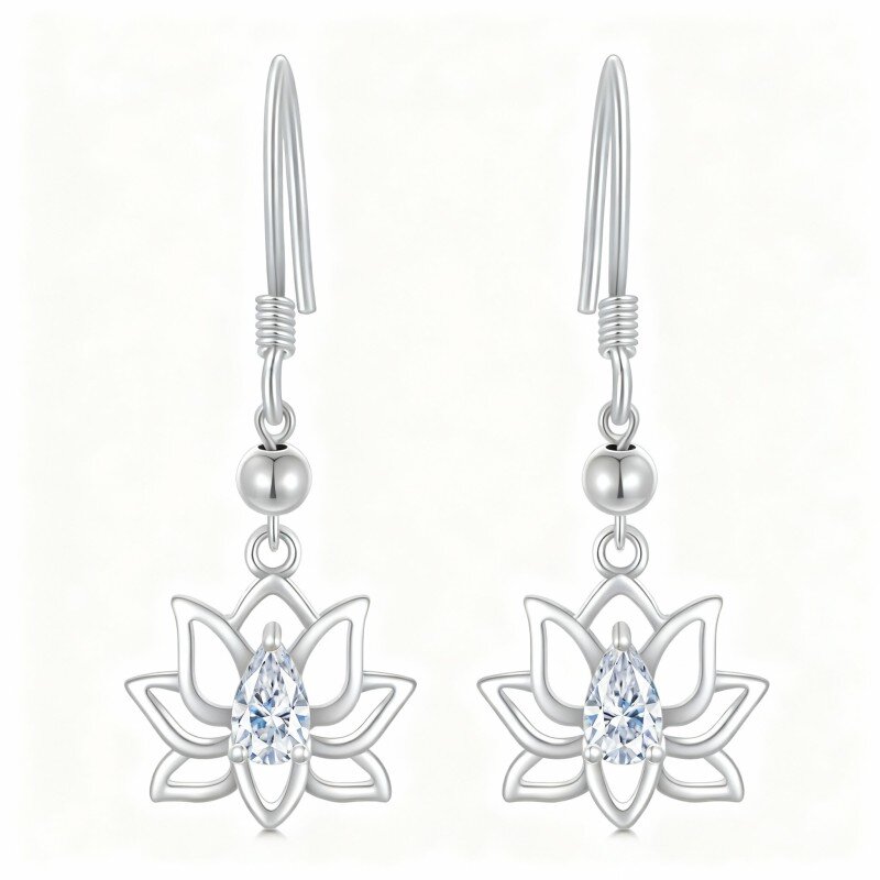 Orecchini pendenti a forma di loto in oro bianco 10 carati con zirconi cubici-20