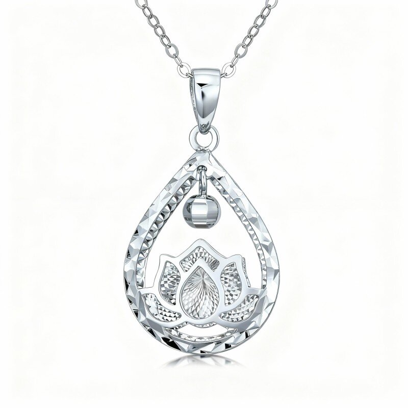 Collier pendentif en or blanc 10 carats en forme de lotus et de goutte-6