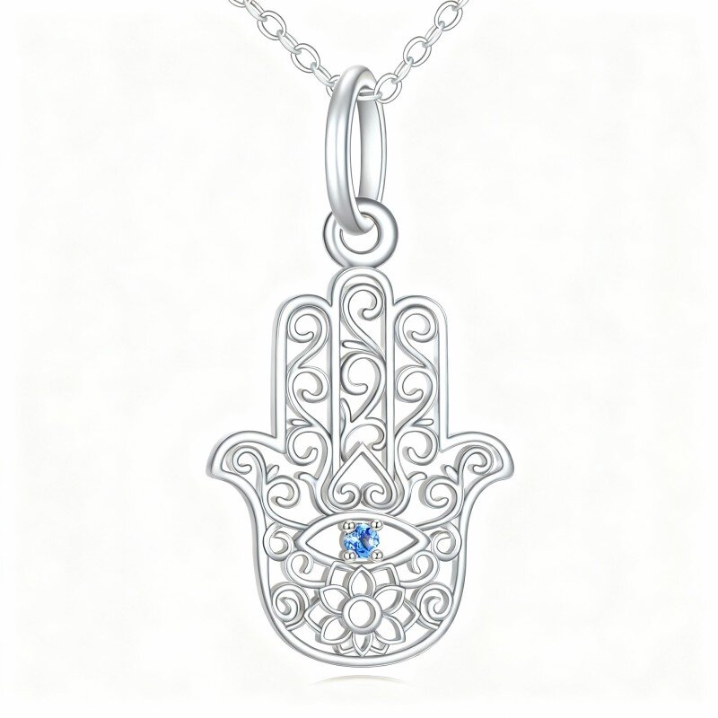 Colar com pendente de lótus e mão de Hamsa em ouro branco de 10 quilates com zircónias cúbicas-2