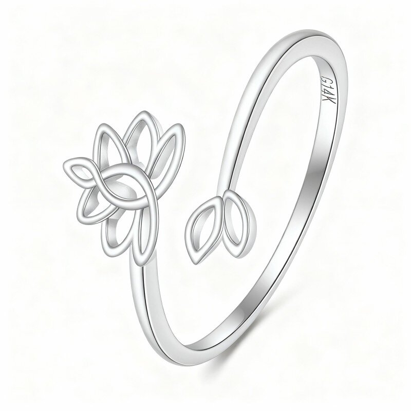 Anillo abierto de loto de oro blanco de 10 quilates-1