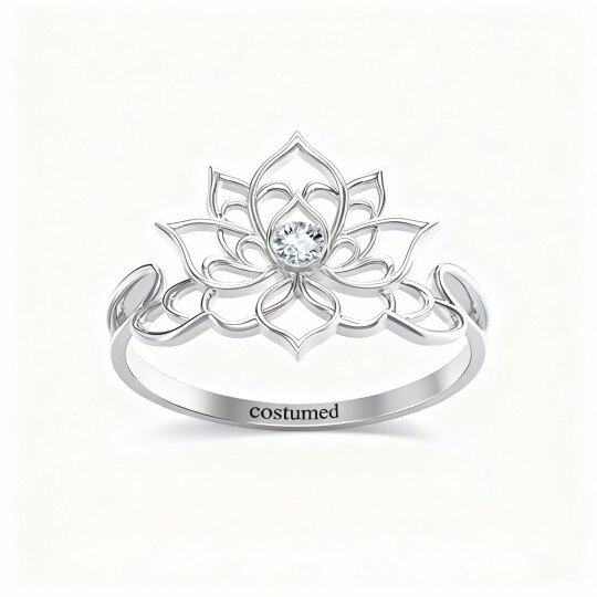 Anel Lotus em ouro branco 10K com zircónias cúbicas