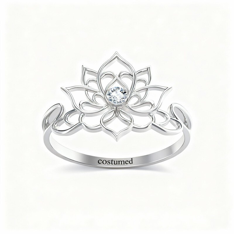 Anillo de loto con circonita cúbica en oro blanco de 10 quilates-4