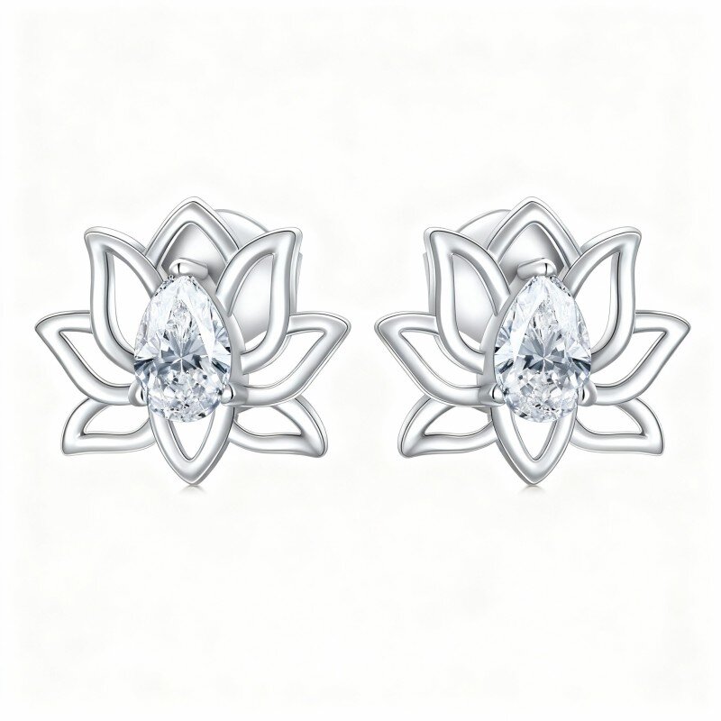 10K White Gold Cubic Zirconia Lotus Stud Earrings-3