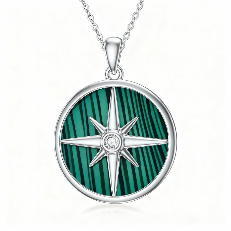 10K White Gold Cubic Zirconia & Malachite Compass Pendant Necklace-10