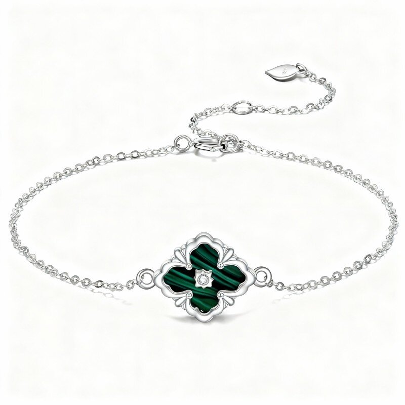 Pulsera con dije de trébol de cuatro hojas de oro blanco de 10 quilates, circonita cúbica y malaquita-1
