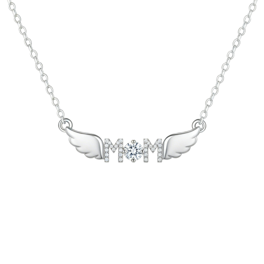 قلادة من الذهب الأبيض عيار 10 قيراط مرصعة بالزركونيا المكعبة على شكل أم وجناح ملاك