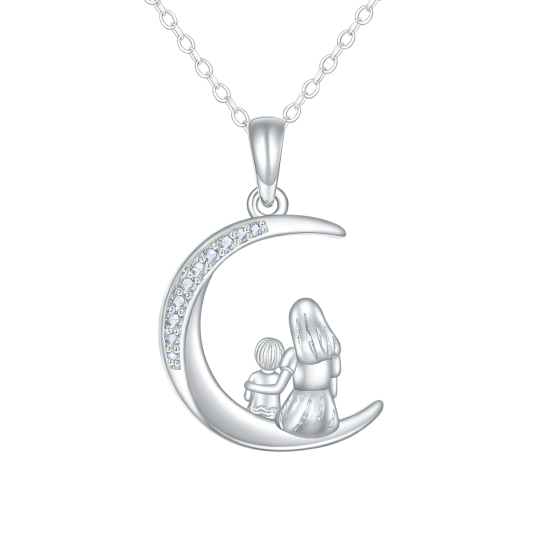 10Kホワイトゴールド キュービックジルコニア ママ＆ムーン ペンダントネックレス