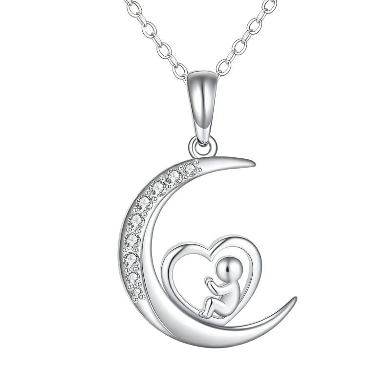 Collier pendentif Maman et Lune en or blanc 14 carats et zircon cubique-1