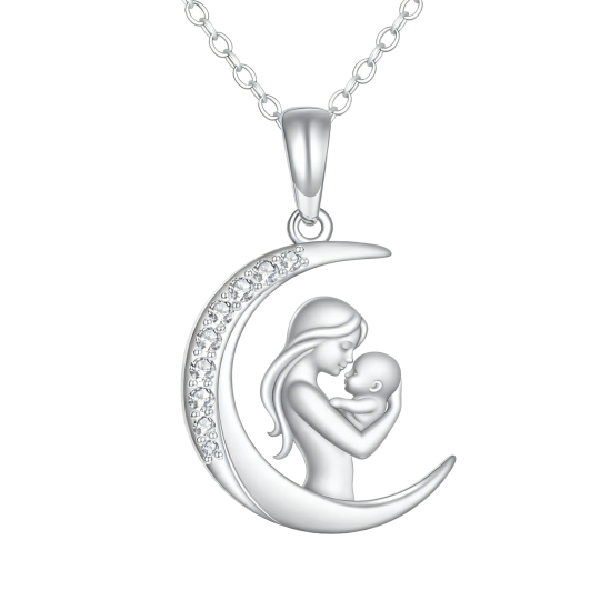 قلادة من الذهب الأبيض عيار 10 قيراط مرصعة بالزركونيا المكعبة على شكل أم وقمر