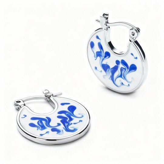 Brincos de argola redondos em ouro branco 10K com mármore