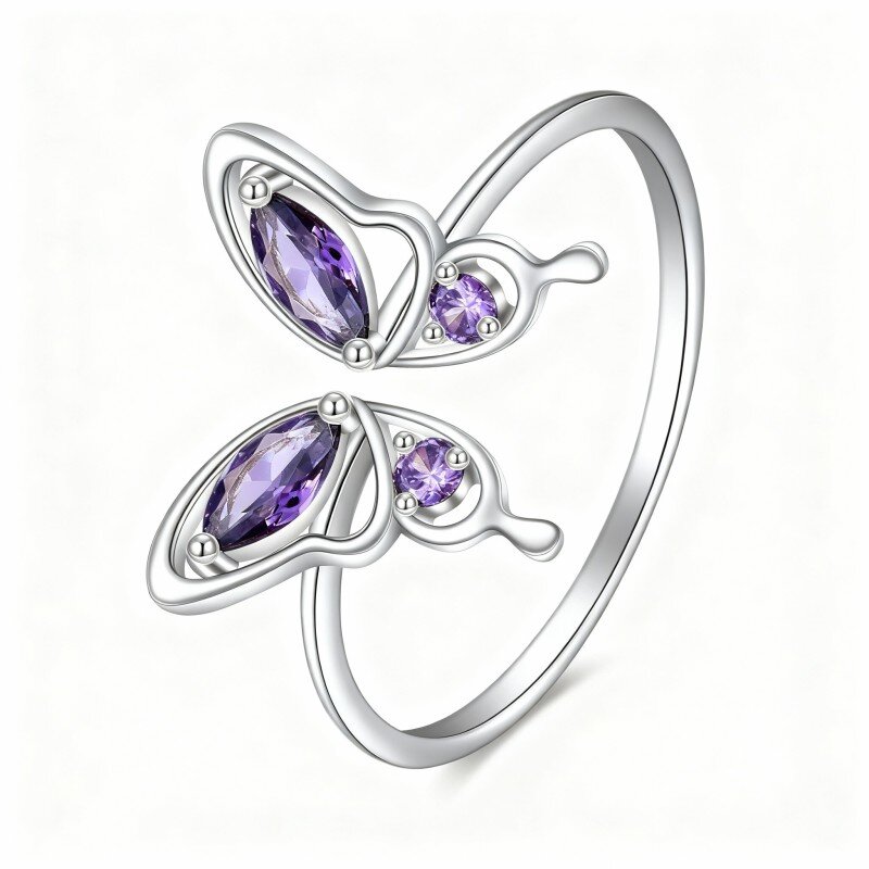 Anillo abierto de mariposa con cristal talla marquesa en oro blanco de 10 quilates-1