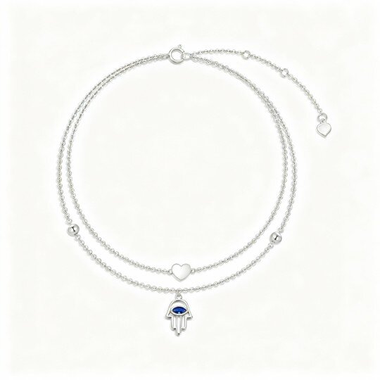 10K White Gold Marquise Cut Cubic Zirconia Hamsa Hand & Heart Multi-layered Charm Anklet