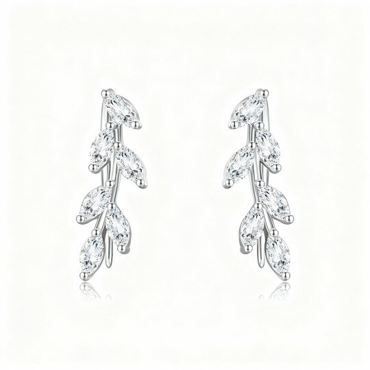 10K White Gold Marquise Cut Cubic Zirconia Leaves Climber Earrings