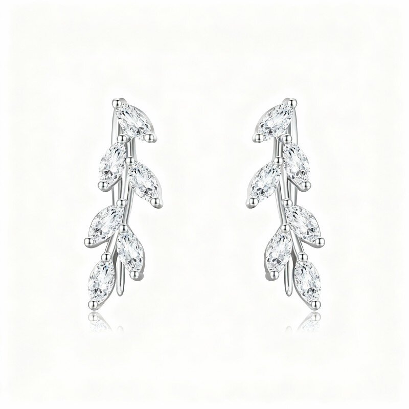 10K White Gold Marquise Cut Cubic Zirconia Leaves Climber Earrings-1