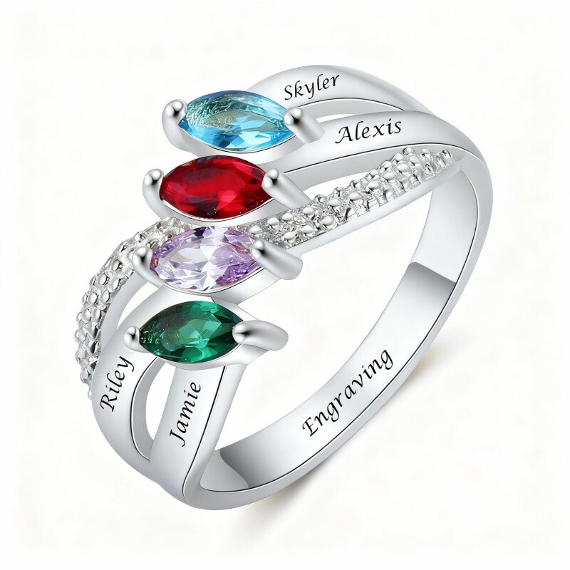 Bague en or blanc 10 carats avec zircon cubique taille marquise et pierre de naissance personnalisée, prénom classique et pierre de naissance personnalisée.-4