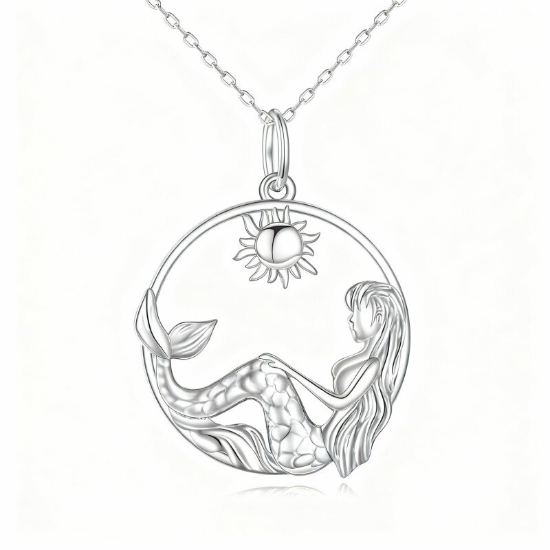 10K White Gold Mermaid Tail & Sun Pendant Necklace-14