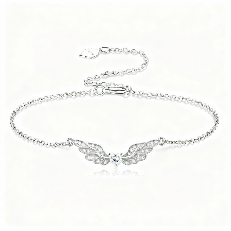 10K White Gold Moissanite Angel Wing Charm Bracelet-1