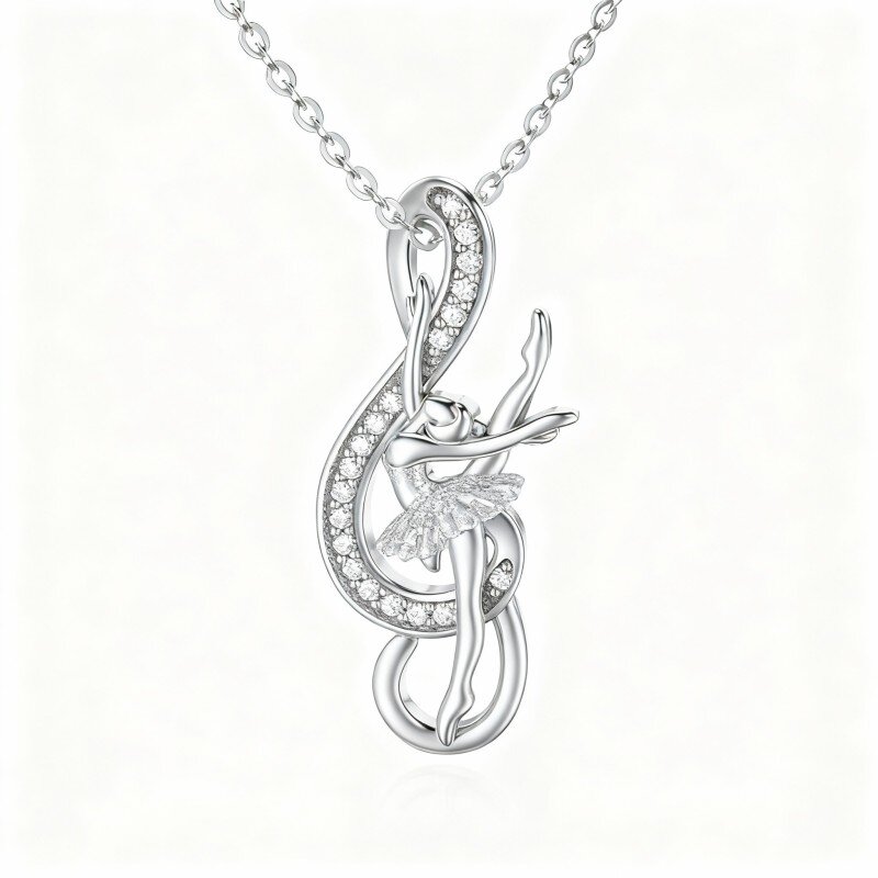 10K White Gold Moissanite Ballet Dancer & Infinity Symbol Pendant Necklace-1