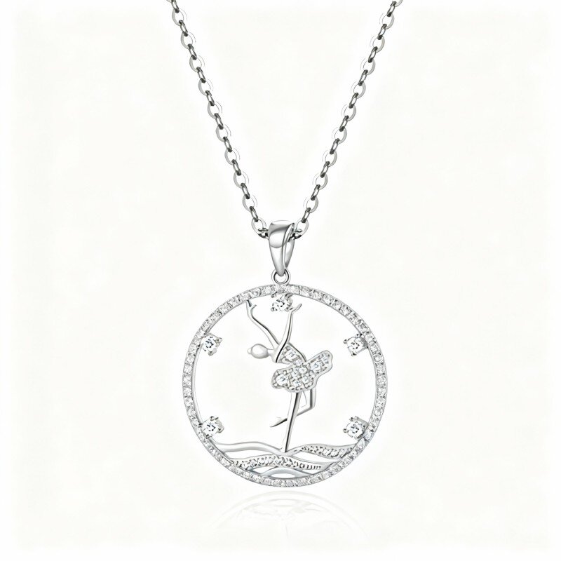10K White Gold Moissanite Ballet Dancer Pendant Necklace-4