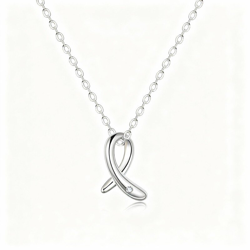 10K White Gold Moissanite Breast Cancer Pendant Necklace-14