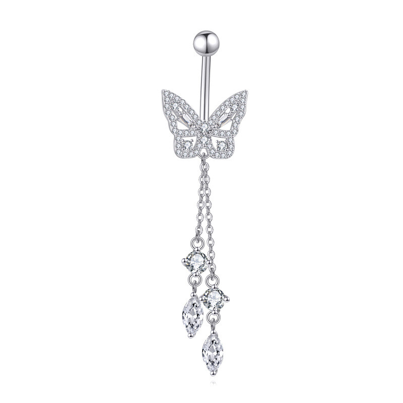 Pierścionek do pępka z platyny i białego złota z moissanitem w kształcie motyla-1