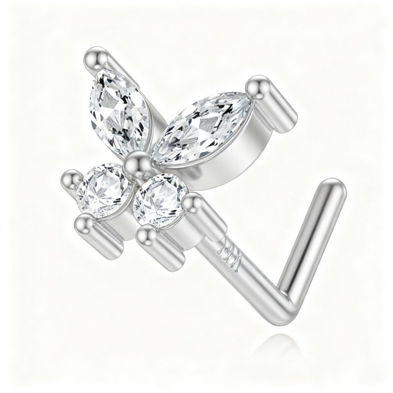 Piercing para nariz em forma de borboleta com moissanite em ouro branco 10K-7