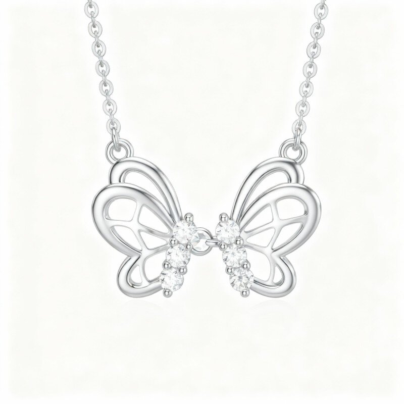 10K White Gold Moissanite Butterfly Pendant Necklace-11