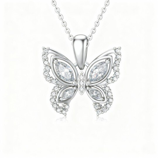 Collar con colgante de mariposa de oro blanco de 10 quilates con circonitas cúbicas y moissanita