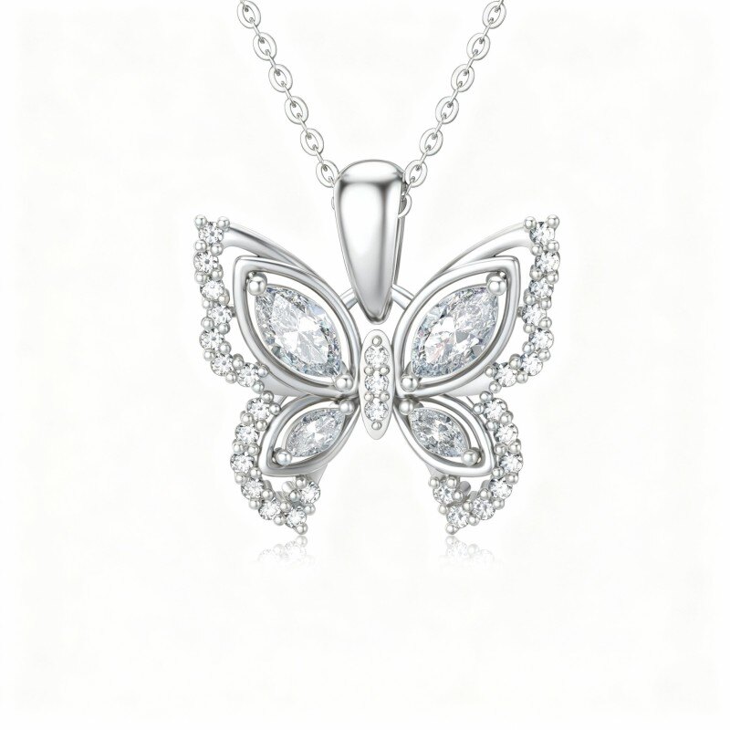 Colar com pendente de borboleta em ouro branco 10K com zircónias cúbicas e moissanita-10