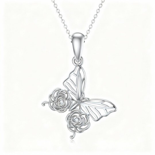 10K White Gold Moissanite Butterfly & Rose Pendant Necklace