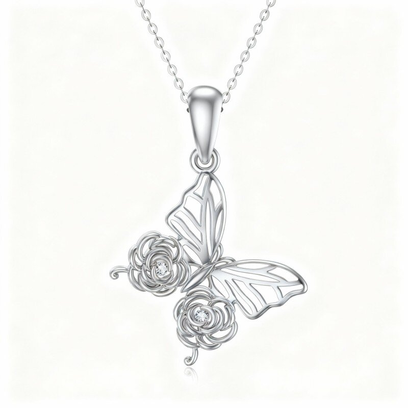 Platinum with White Gold Plated Moissanite Butterfly & Rose Pendant Necklace-1