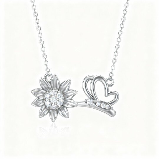 10K White Gold Moissanite Butterfly & Sunflower Pendant Necklace