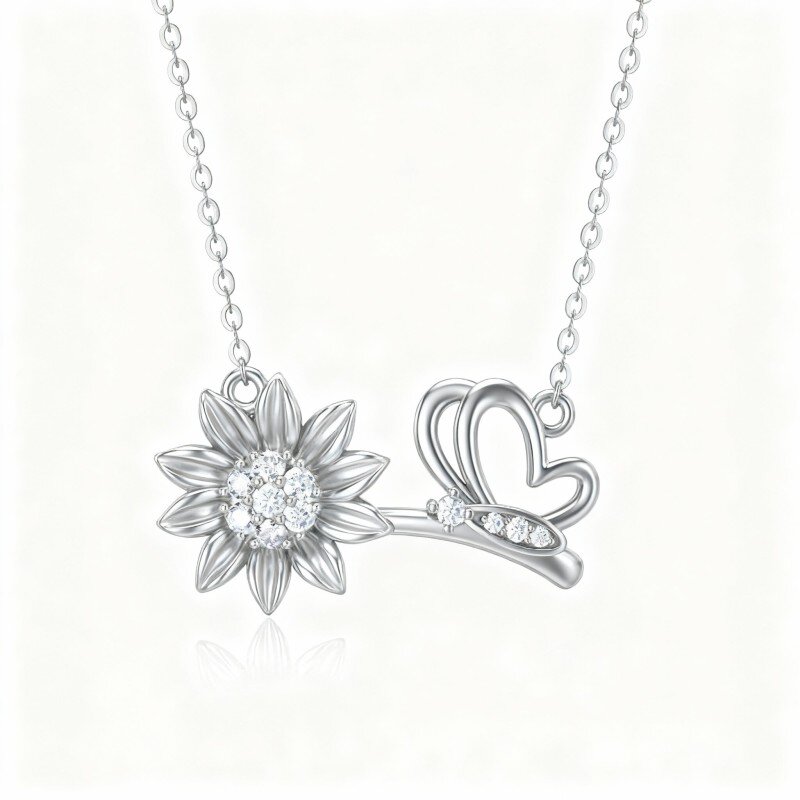 10K White Gold Moissanite Butterfly & Sunflower Pendant Necklace-11