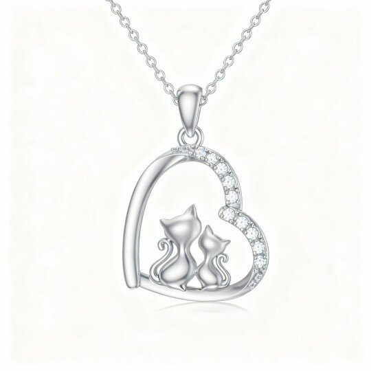 10K White Gold Moissanite Cat & Heart Pendant Necklace