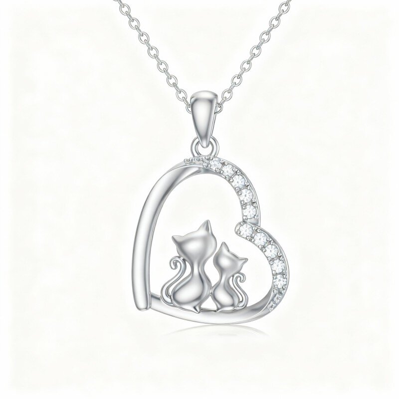 Colar com pendente de gato e coração em moissanita em ouro branco 10K-10