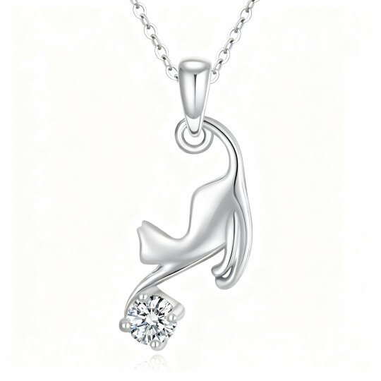 Halskette mit Katzenanhänger aus 10-karätigem Weißgold und Moissanit