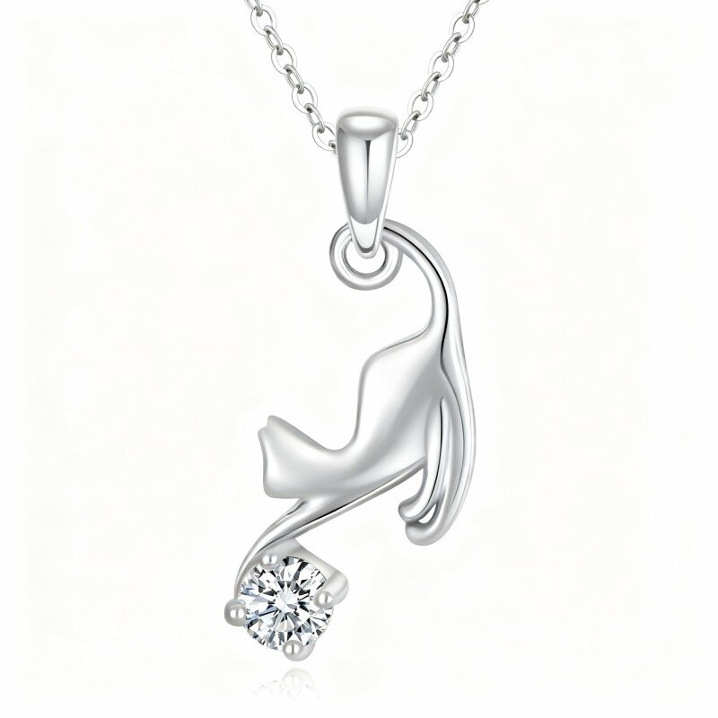 Collar con colgante de gato de moissanita en oro blanco de 10 quilates-4