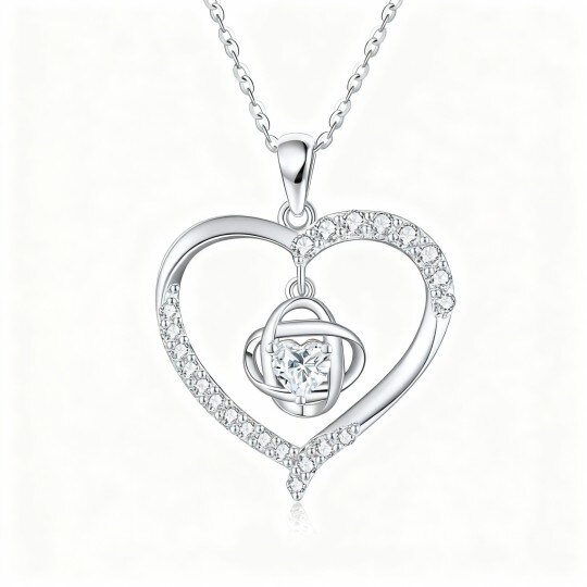 10Kホワイトゴールド キュービックジルコニア＆モアッサナイト ケルトノット＆ハートペンダントネックレス