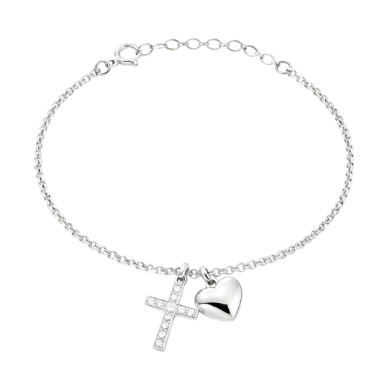 Bransoletka z zawieszką krzyż i serce z białego złota 10K z moissanitem