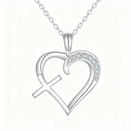 10K White Gold Moissanite Cross & Heart Pendant Necklace
