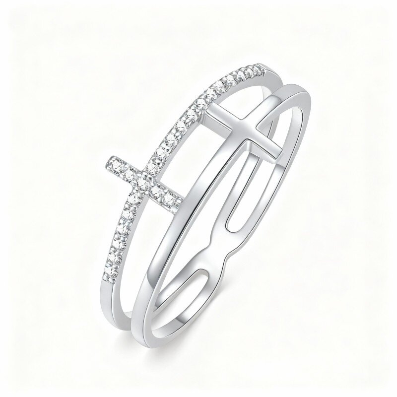 Anel em forma de cruz com moissanita em ouro branco 18K-1