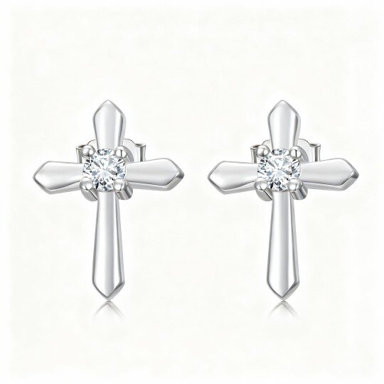 Brincos cruz em ouro branco 10K com moissanita