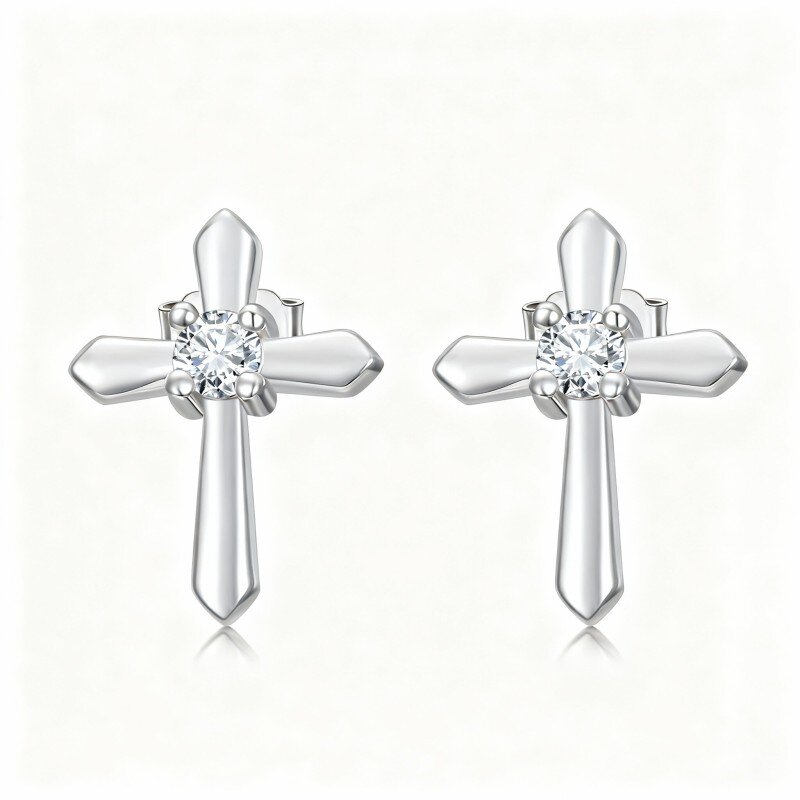 Brincos cruz em ouro branco 10K com moissanita-1