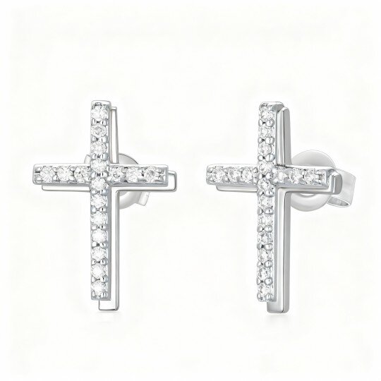 Orecchini a bottone con croce in moissanite in oro bianco 10K