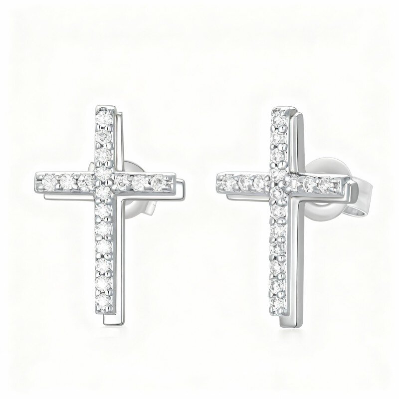 Brincos cruz em ouro branco 10K com moissanita-20